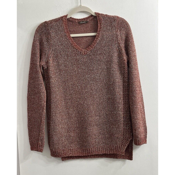 J McLaughlin Sweater Women’s XS Linen Blend Red White Metallic Open Knit V Neck - Picture 1 of 7